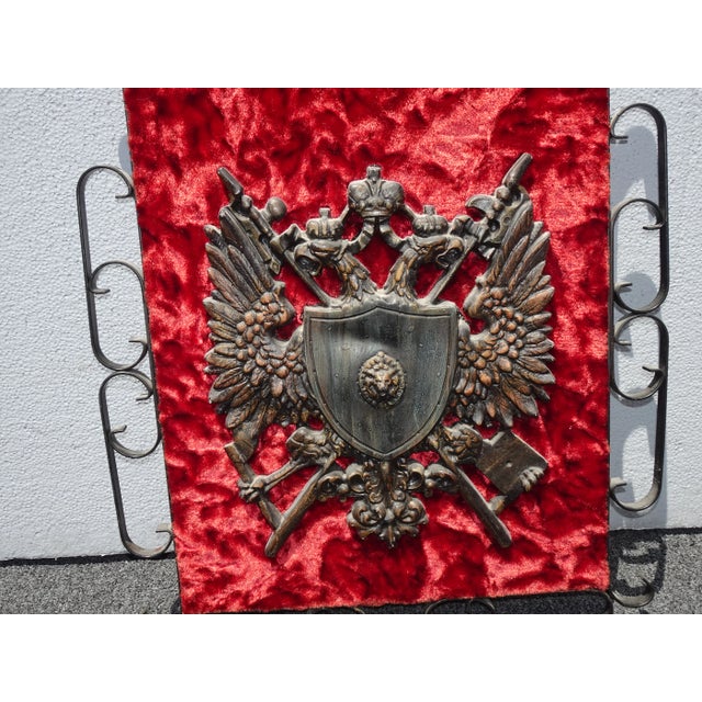 1970s Vintage Mid Century Medieval Dragon Wall Mantle Plaque Picture W Red Velvet For Sale - Image 5 of 13