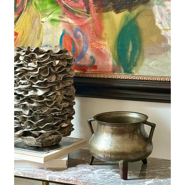 Antique Continental 1600s Bronze European Posnet, Cauldron Cast in Two Parts With Angular Handles and Tripod Feet, Maker’s...