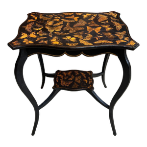 Vintage French Side Table Chinoiserie Butterfly Black Lacquer Hollywood Regency