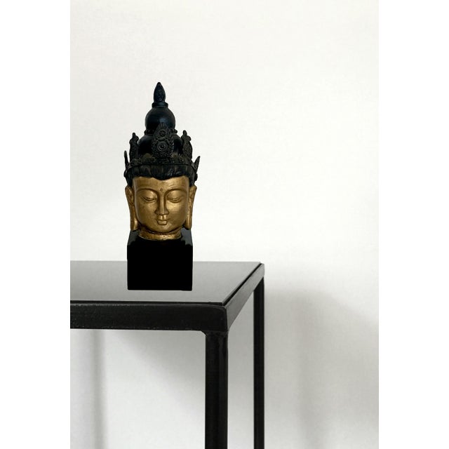 Mounted Asian Gold Buddha Head on Black Pedestal For Sale - Image 10 of 10
