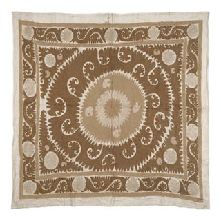Suzani Wall Hanging Decor — Neutral Tan Uzbek Tablecloth For Sale