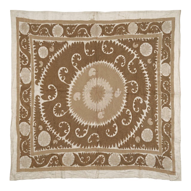 Suzani Wall Hanging Decor — Neutral Tan Uzbek Tablecloth For Sale