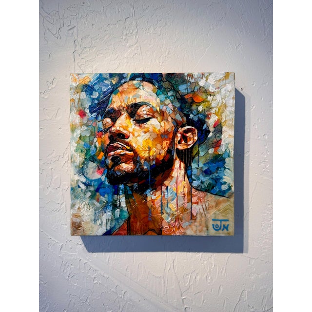 Contemporary Halo of Comfort by Jon Wassom | Mixed media on canvas portrait of a man with a serene expression For Sale - Image 3 of 5