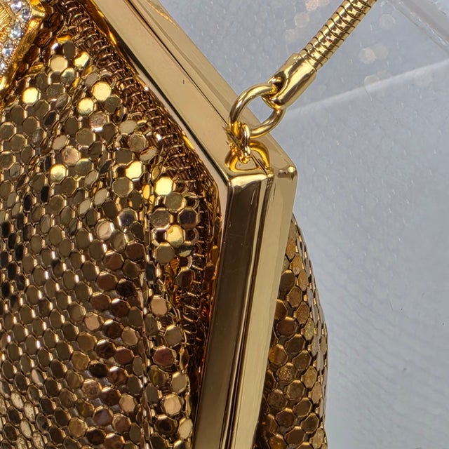 Mid 20th Century Mid 20th Century Whiting Davis Art Deco Rhinestone Clasp Hollywood Glam Gold Mesh Evening Bag For Sale - Image 5 of 18