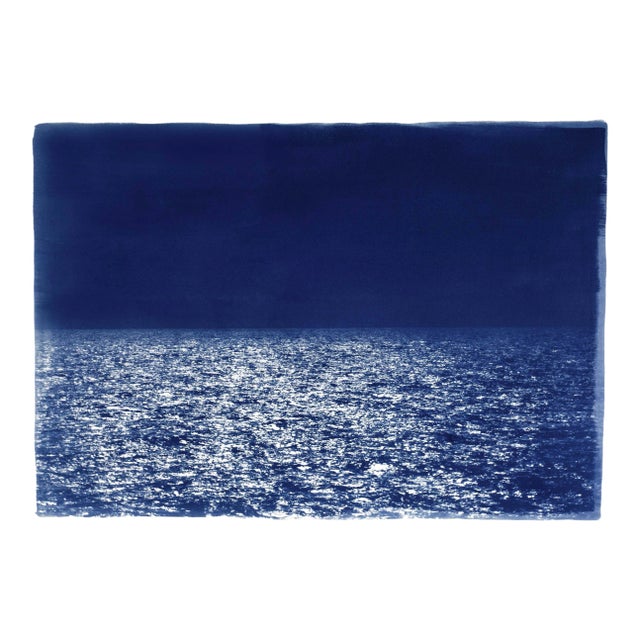 2021 "Barcelona Beach Night Horizon" Contemporary Cyanotype on Watercolor Paper For Sale