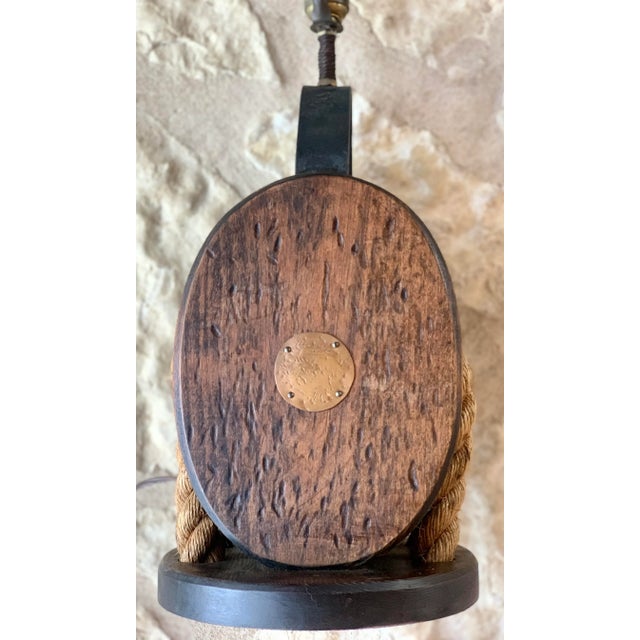 Mid 20th Century Vintage Double Wooden Pulley Block & Tackle Nautical, Marine, Coastal Steampunk Table Lamp For Sale - Image 5 of 12
