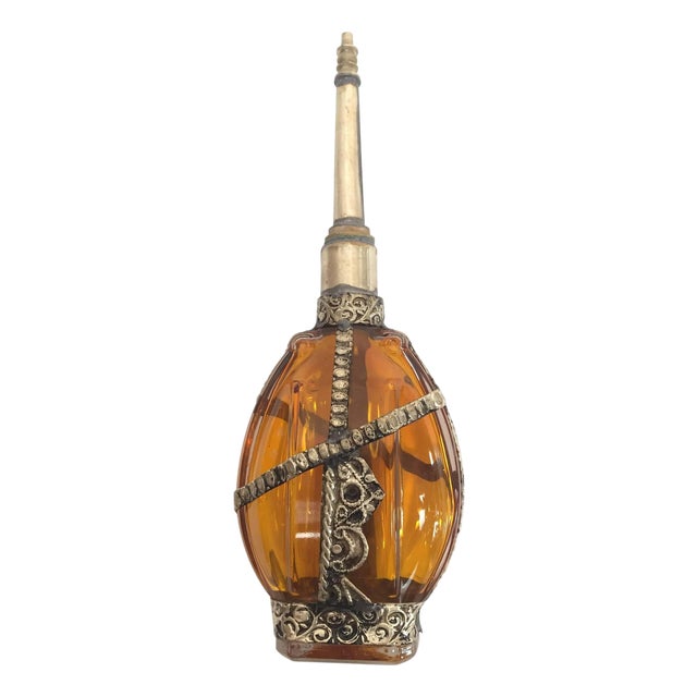 Moorish Glass Perfume Bottle Sprinkler with Embossed Metal Overlay For Sale