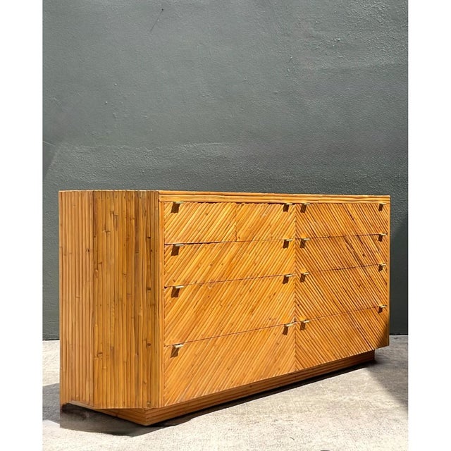 Mid-Century Modern Vintage Chevron Rattan Six-Drawer Dresser For Sale - Image 3 of 12