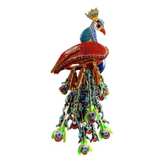 1990s Lunch at the Ritz, Rare Handcrafted Peacock Pin Brooch Pendant With Crystals For Sale
