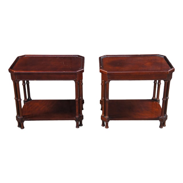 Late 20th Century 2 Bombay Company British Colonial Chinoiserie Faux Bamboo Mahogany Side Tables For Sale