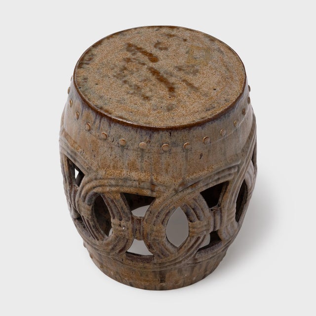 Chinese Caramel Brown Prosperity Garden Stool For Sale - Image 3 of 5