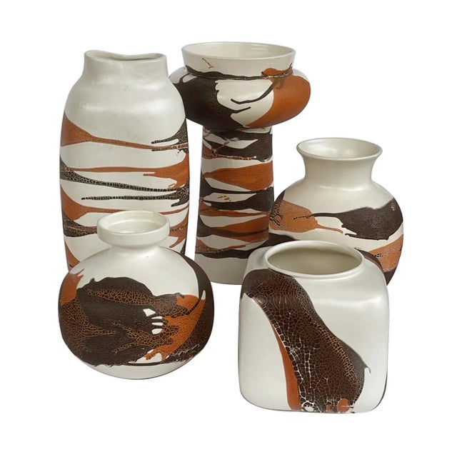 1960s Royal Haeger Pottery Vases W Brown & Russet Drip Glaze on Ivory Ground- Set of 5 For Sale - Image 12 of 12