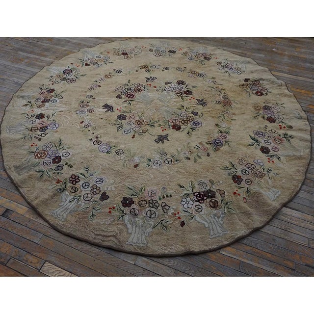 Early 20th Century American Hooked Rug ( 9' x 9' - 275 x 275 ) Antique Cotton Ivory Beige Cream White Hooked – Loop Pile...