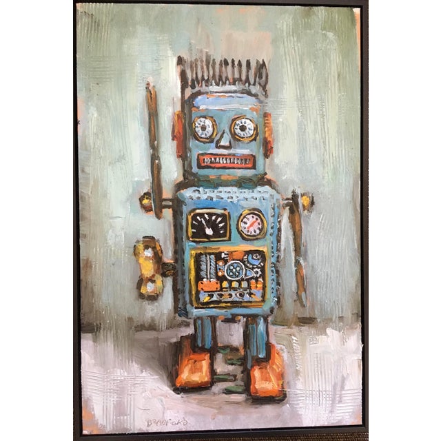 21st Century Bradford Solomon Oil on Canvas Vintage Curly the Robot Framed Contemporary Large Still Life Blue Red Yellow For Sale - Image 10 of 10
