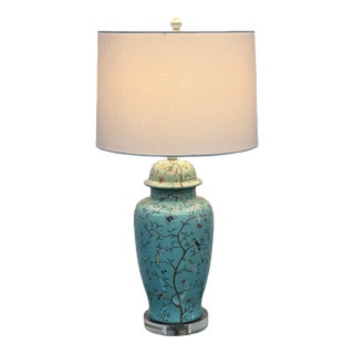 Late 20th Century Jade Green Ceramic Table Lamp With Butterflies + Birds For Sale