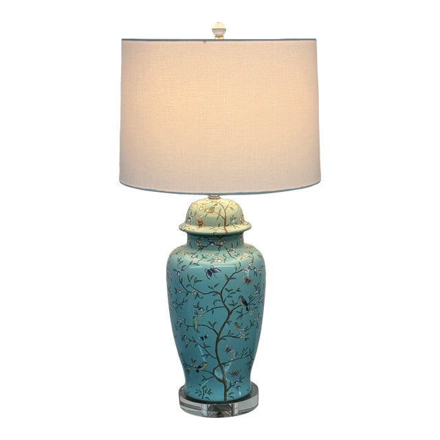 Late 20th Century Jade Green Ceramic Table Lamp With Butterflies + Birds For Sale