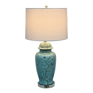 Late 20th Century Jade Green Ceramic Table Lamp With Butterflies + Birds