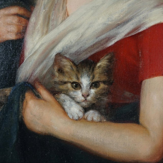 Wood Portrait of a Girl & Kittens, German Oil Painting Signed Karl August Schlegel For Sale - Image 7 of 9