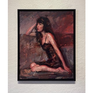 Anticipation by Matt Talbert | Oil on panel Portrait of a woman sitting on a surface. For Sale