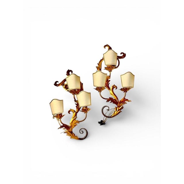 Hollywood Regency Large Florentine Gilt Wall Lamps attributed to Bianci, Italy, 1970s, Set of 2 For Sale - Image 3 of 9