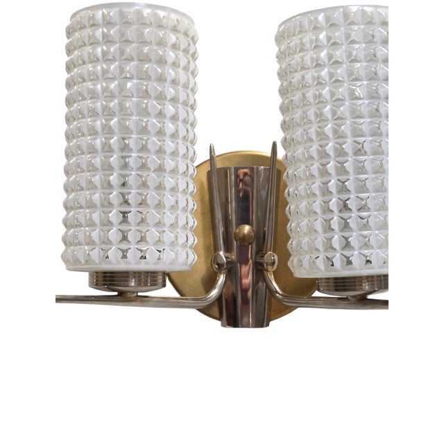 Vintage Enameled Glass, Brass & Nickel Two Light Wall Sconces - Set of Three For Sale - Image 12 of 17