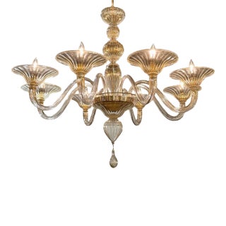 Modern Gold Glass Murano Chandelier With 8 Arms For Sale