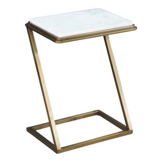 Late 20th Century Modern Chic Marble Top Brass Z Shaped Sofa End Side Table For Sale