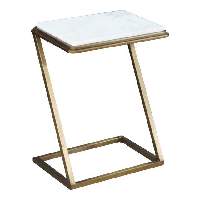 Late 20th Century Modern Chic Marble Top Brass Z Shaped Sofa End Side Table For Sale