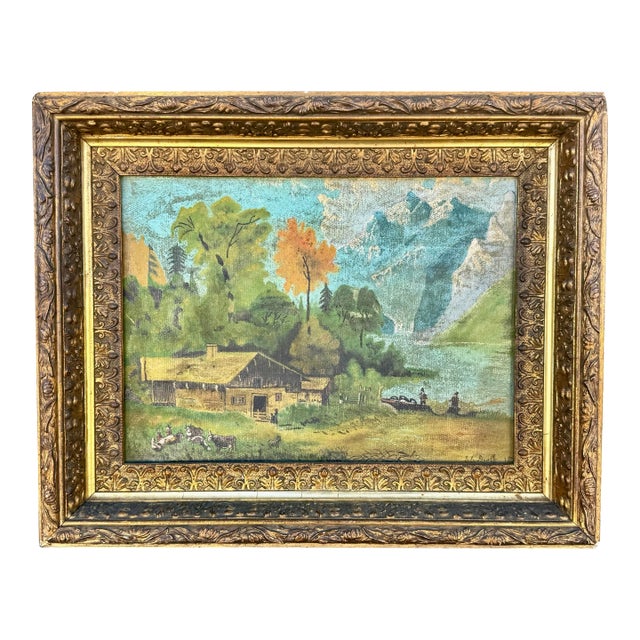 Antique Early American S. E. Groff Landscape Oil Painting of Mountain Cabin Scene W/ Original Gold Frame For Sale