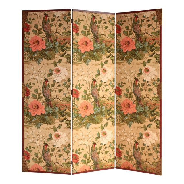 Vintage Scandinavian Chinoiserie Wood and Printed Fabric Room Divider For Sale