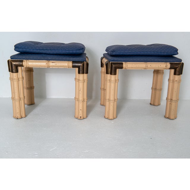 Billy Baldwin Style Mid-Century Modern Faux Bamboo & Brass Upholstered Benches 1960s For Sale - Image 13 of 13