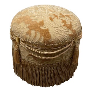 Early 21st Century Hassock Small Upholstered Ottoman With Gold Fringe & Tassels For Sale