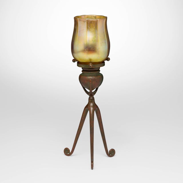 Antique Tiffany Studios Tripod Candlestick With Favrile Glass Shade For Sale - Image 10 of 10