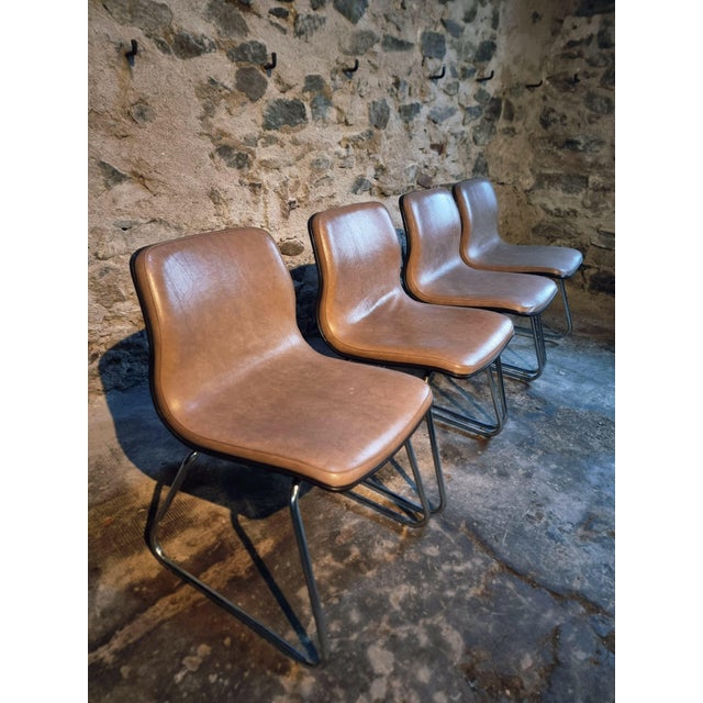 1970s French Sled Base Chairs in Beige-Taupe Vinyl, 1976, Set of 4 For Sale - Image 5 of 18