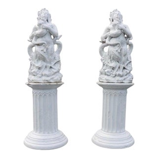 Pair of Antique Classical Figural Terra Cotta Sculptures on Stands C1890 For Sale