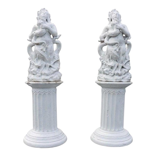 Pair of Antique Classical Figural Terra Cotta Sculptures on Stands C1890 For Sale