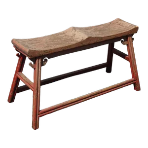 Vintage Rustic Asian Influence Teak Bench W Crackle Finish Seat