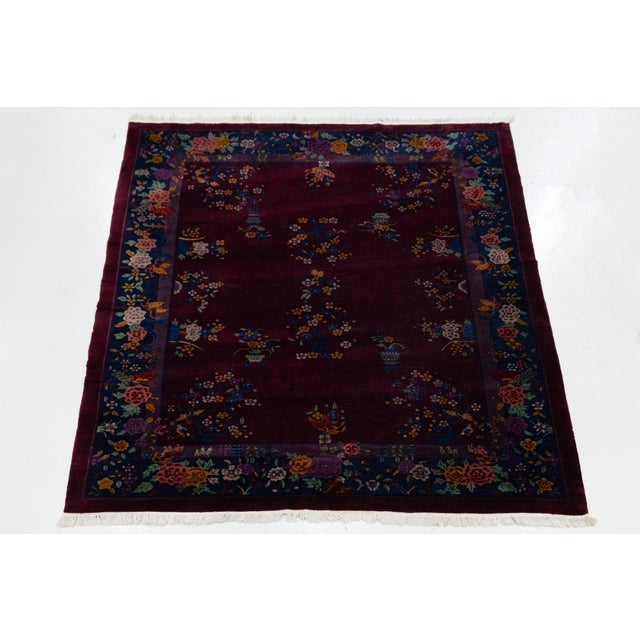 1920s Antique Chinese Art Deco Plum Wool Rug With Floral Vases & Navy Border For Sale - Image 4 of 12