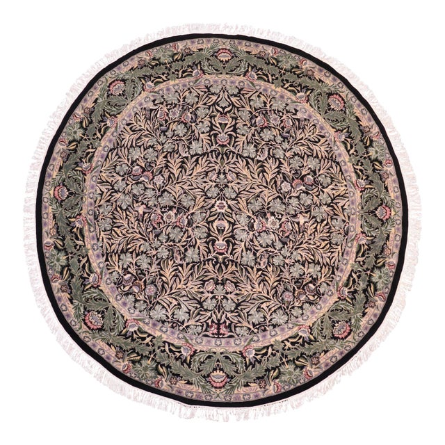 Boho Chic 1990's Floral Pak-Persian Black/Gray Wool Round Rug- 8'2'' X 8'2'' For Sale