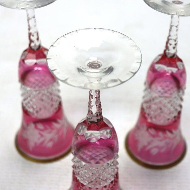 Three Antique Bohemian Rose Floral Cut to Clear Crystal Champagne Flutes For Sale - Image 6 of 6
