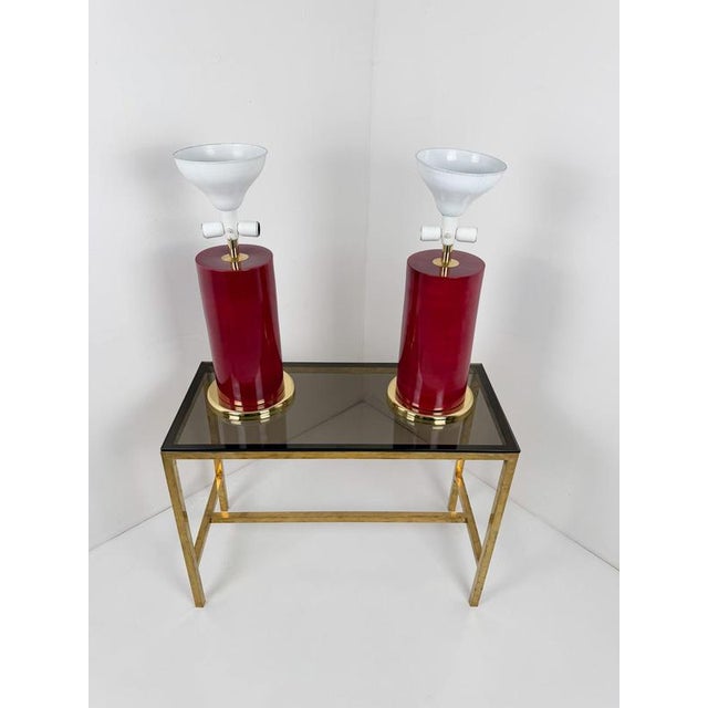 Italian Ruby Red Glazed Ceramic and Brass Twin Table Lamps, 1970s, Set of 2 For Sale - Image 11 of 18