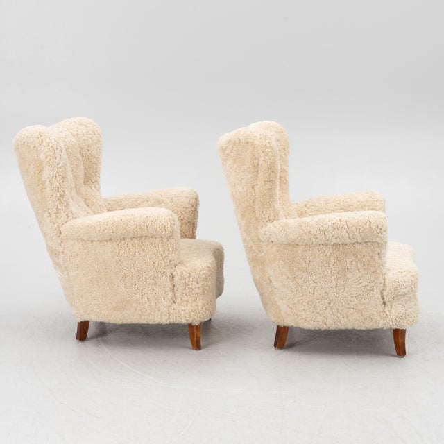 Mid-Century Modern 1940s Swedish Lounge Chairs Sheepskin Birch Pair For Sale - Image 3 of 7
