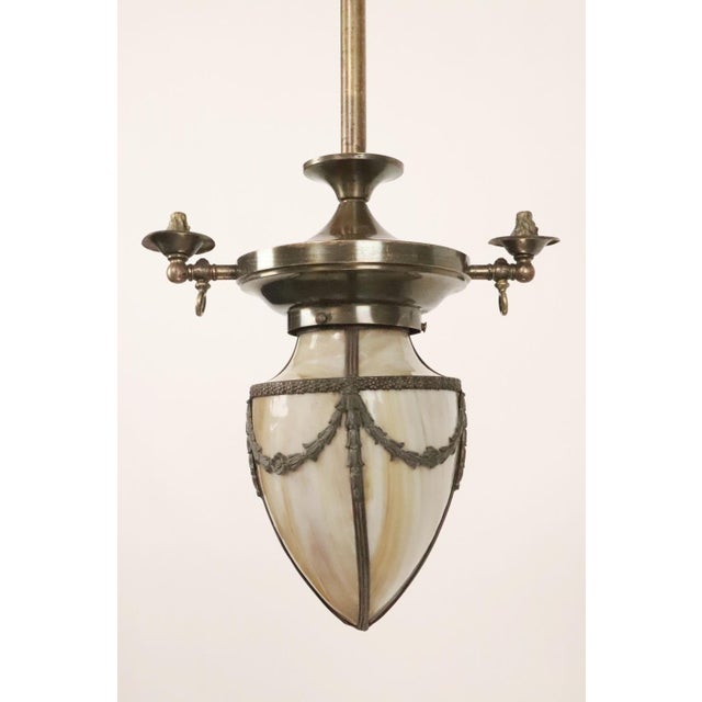 Traditional Restored 1890s Stained Glass Converted Gas Brass Pendant Light For Sale - Image 3 of 11
