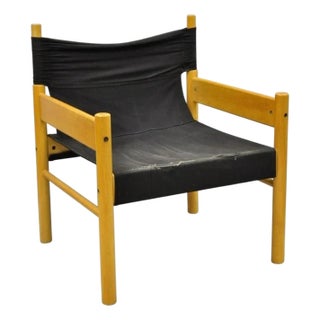 Vintage Mid Century Modern Scandinavian Black Canvas Birch Wood Lounge Chair For Sale