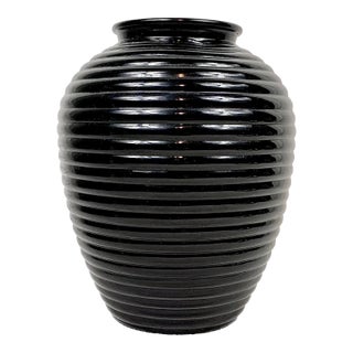Vintage Black Milk Glass Ribbed Beehive Style Vase For Sale