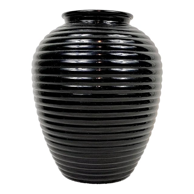 Vintage Black Milk Glass Ribbed Beehive Style Vase For Sale