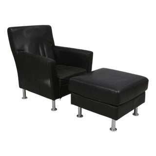 Set of Lounge Chair and Ottoman in Black Leather, 1980s For Sale
