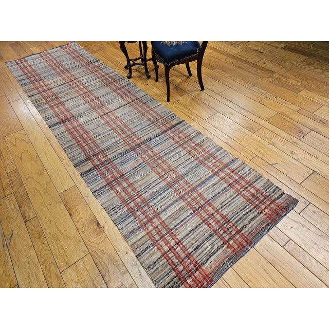 Vintage American Rag Runner, Hand-Woven Wool & Cotton, Ivory & Red Stripe Pattern, 3x13 For Sale - Image 11 of 14