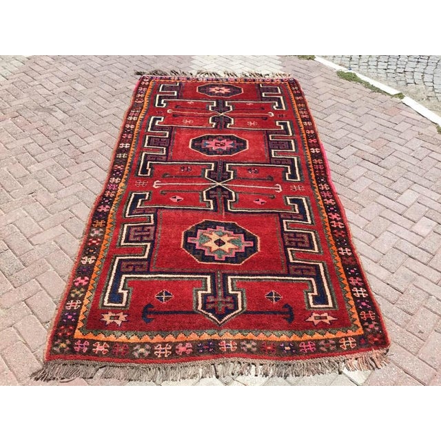 Brick Red 1960s Colourful Geometric Designed Turkish Area Rug - 64.5" X 127.5" For Sale - Image 8 of 8