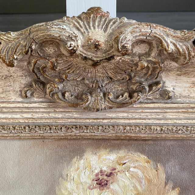 Vintage floral oil painting on board featuring chrysanthemums in lemony yellow and hydrangeas in violet blue. Done in an...